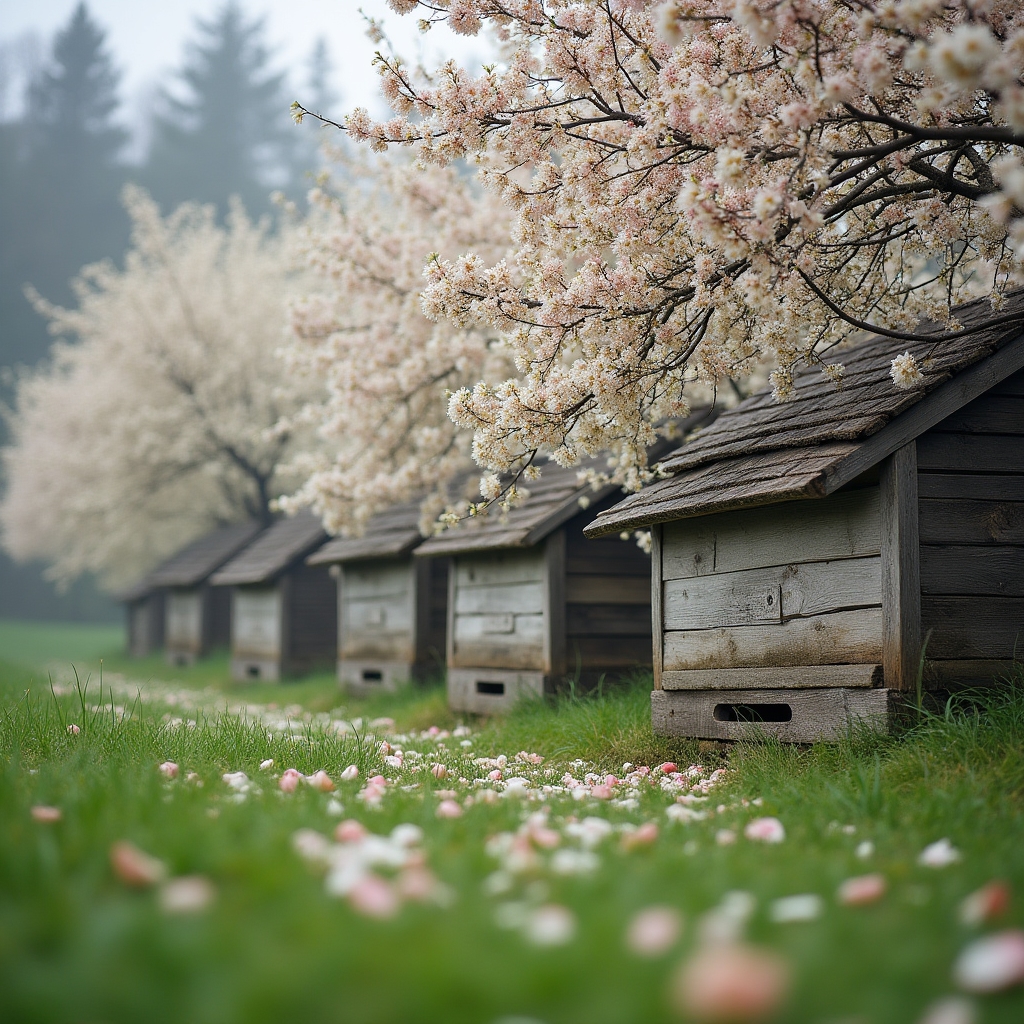 Bienenstöcke im Frühling vor blühenden Obstbäumen
