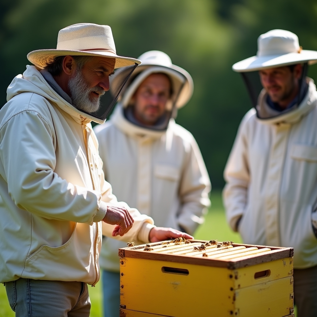 Kursleiter erklärt einer kleinen Gruppe die Bienenwabe