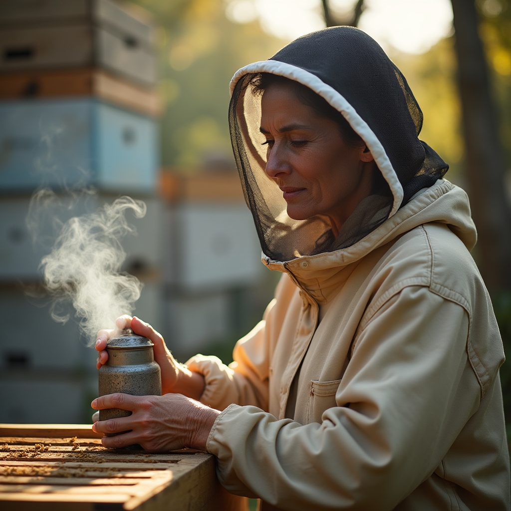Imkerin verwendet einen Smoker bei der Bienenstockkontrolle