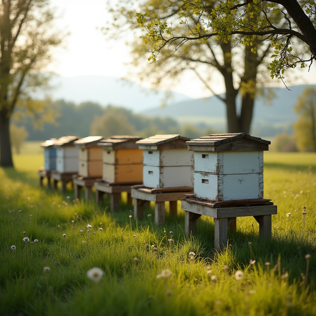 Lehrbienenstand mit Holzbeuten im Frühling